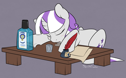 Size: 1280x796 | Tagged: safe, artist:spiritcookie, twilight velvet, pony, g4, alcohol, drool, female, gin, inkwell, sleeping, solo