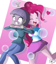 Size: 700x800 | Tagged: safe, artist:zelc-face, maud pie, pinkie pie, equestria girls, g4, asphyxiation, barefoot, bone-crushing snuggles, breasts, busty maud pie, busty pinkie pie, duo, feet, female, hape, heart, hug, hug on the neck, strangling