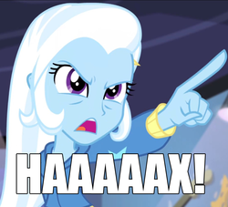 Size: 919x835 | Tagged: safe, trixie, equestria girls, g4, guitar centered, my little pony equestria girls: rainbow rocks, dr hax, female, gmod idiot box, hax, image macro, meme, pointing, pointing trixie, solo, text edit, trixie yells at everything