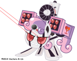 Size: 5000x3966 | Tagged: safe, artist:ex-machinart, sweetie belle, pony, robot, unicorn, g4, female, filly, foal, hooves, horn, laser pointer, simple background, solo, sweetie bot, teeth, transparent background, weapon