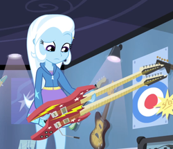 Size: 901x775 | Tagged: safe, screencap, trixie, equestria girls, g4, guitar centered, my little pony equestria girls: rainbow rocks, double neck guitar, electric guitar, female, guitar, musical instrument, solo