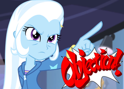 Size: 1132x809 | Tagged: safe, trixie, equestria girls, g4, guitar centered, my little pony equestria girls: rainbow rocks, ace attorney, female, image macro, meme, objection, phoenix wright, pointing, pointing trixie, solo, trixie yells at everything