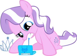 Size: 999x719 | Tagged: safe, artist:magerblutooth, diamond tiara, earth pony, pony, g4, 3ds, annoyed, female, filly, foal, frustrated, mouth hold, nintendo, simple background, solo, stylus, transparent background, vector, video game