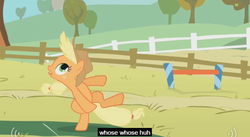 Size: 632x347 | Tagged: safe, screencap, applejack, fall weather friends, g4, bipedal, confused, female, meme, solo, youtube caption