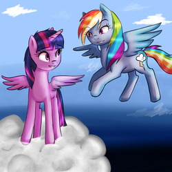 Size: 1024x1020 | Tagged: safe, artist:keyace, rainbow dash, twilight sparkle, alicorn, pony, g4, female, mare, twilight sparkle (alicorn)