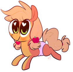 Size: 1021x1003 | Tagged: safe, artist:chandelurres, applejack, earth pony, pony, g4, baby, baby pony, babyjack, cute, diaper, female, filly, foal, heart, jackabetes, prone, simple background, solo, transparent background, wingding eyes