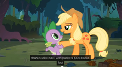 Size: 628x347 | Tagged: safe, screencap, applejack, spike, dragon, earth pony, pony, g4, spike at your service, everfree forest, female, male, mare, meme, youtube caption