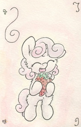 Size: 661x1025 | Tagged: safe, artist:slightlyshade, sweetie belle, g4, female, happy, solo, strawberry, traditional art