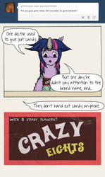 Size: 767x1290 | Tagged: safe, artist:dreamingnoctis, twilight sparkle, ask asylum twilight, g4, asylum, candy, charlie and the chocolate factory, chocolate, chocolate bar, female, miguel (the road to el dorado), roald dahl, solo, the road to el dorado, tumblr, willy wonka and the chocolate factory, wonka bar