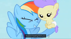 Size: 635x353 | Tagged: safe, edit, edited screencap, screencap, cream puff, rainbow dash, pegasus, pony, g4, the mysterious mare do well, baby, baby pony, caption, female, filly, foal, mare, meme, text, youtube caption
