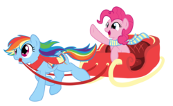 Size: 2949x1800 | Tagged: safe, artist:pinkamenaspy, pinkie pie, rainbow dash, g4, clothes, pun, scarf, sleigh, visual pun