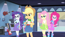 Size: 1440x810 | Tagged: safe, screencap, applejack, dj pon-3, fluttershy, pinkie pie, rarity, vinyl scratch, equestria girls, g4, guitar centered, my little pony equestria girls: rainbow rocks, applejack's skirt, balloon, boots, clothes, female, fluttershy's skirt, guitar, headphones, high heel boots, skirt