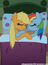 Size: 1999x2696 | Tagged: safe, artist:pajama-ham, applejack, rainbow dash, g4, cuddling, eyes closed, female, lesbian, on side, ship:appledash, shipping, sleeping, smiling, snuggling