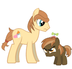 Size: 600x574 | Tagged: safe, artist:avisola, button mash, oc, oc:cream heart, oc:joystick's father, earth pony, pony, g4, earth pony oc, father and child, father and daughter, female, filly, foal, hat, joystick (r63), male, rule 63, simple background, stallion, transparent background