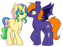Size: 600x450 | Tagged: safe, artist:lulubell, oc, oc only, bat pony, pony, unicorn, boop, eyes closed, fangs, female, male, nervous, noseboop, nuzzling, raised hoof, scrunchy face, shipping, simple background, smiling, spread wings, straight, transparent background