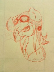 Size: 720x960 | Tagged: safe, artist:pluto manson, oc, oc only, aviator hat, bomber jacket, goggles, monochrome, orange, solo, souzen sparks, traditional art, yellow