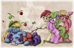 Size: 1679x1080 | Tagged: safe, artist:harwick, applejack, daisy, flower wishes, lily, lily valley, rarity, roseluck, earth pony, pony, unicorn, three's a crowd, apple, bipedal, blanket, blue flu, female, floppy ears, flower trio, frown, gritted teeth, handkerchief, hug, lesbian, mare, poking, rarijack, red nosed, scared, shipping, sick, stick, thermometer, thread, tissue, wide eyes
