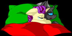 Size: 883x448 | Tagged: safe, artist:invadersorhatena, oc, oc only, changeling, pony, unicorn, bed, crying, cuddling, female, mare