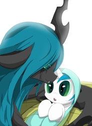 Size: 3000x4071 | Tagged: safe, artist:midnightsonare, queen chrysalis, oc, oc:mirror gleam, changeling, changepony, hybrid, g4, crying, cuteling, feels, halfling, interspecies offspring, love, mommy chrissy, motherly, offspring, parent:queen chrysalis, parent:shining armor, parenting, parents:shining chrysalis, tears of joy