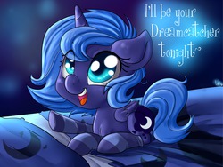 Size: 1280x960 | Tagged: dead source, safe, artist:annakitsun3, princess luna, pony, g4, bed, clothes, cute, female, filly, floppy ears, looking up, lunabetes, open mouth, smiling, socks, solo, striped socks, woona