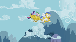 Size: 960x540 | Tagged: source needed, safe, edit, edited screencap, screencap, spike, that friggen eagle, twilight sparkle, bald eagle, dragon, eagle, pegasus, pony, unicorn, friendship is magic, g4, animated, chariot, female, flying, guards, horn, impending doom, male, mare, pegasus royal guard, royal guard, scroll, stallion, this will end in tears, unicorn twilight