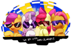 Size: 1800x1200 | Tagged: safe, artist:hoyeechun, apple bloom, babs seed, scootaloo, sweetie belle, earth pony, pegasus, pony, unicorn, g4, apple bloom's bow, bow, cutie mark crusaders, female, filly, foal, hair bow, horn, sunglasses