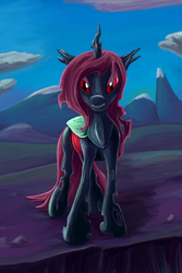 Size: 1200x1800 | Tagged: safe, artist:shade-os, oc, oc only, oc:bloody melody, changeling, red changeling, solo