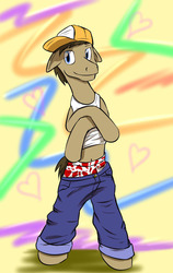 Size: 1217x1920 | Tagged: safe, artist:fuzebox, doctor whooves, time turner, earth pony, pony, g4, testing testing 1-2-3, '90s, baseball cap, belly button, bipedal, clothes, gangsta, hat, heart, male, pants, rap, sagging, solo, t-shirt, underwear