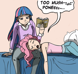 Size: 943x893 | Tagged: safe, artist:ccpendantry, artist:megasweet, pinkie pie, twilight sparkle, human, g4, bed, bedroom, book, colored, drool, humanized, sleep talking, sleeping, so much pony