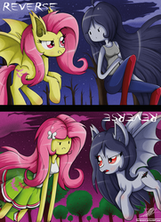 Size: 1181x1633 | Tagged: safe, artist:the-butch-x, fluttershy, bat pony, human, undead, vampire, vampire bat pony, g4, adventure time, chest fluff, clothes, crossover, cute, duo, ear fluff, equestria girls outfit, flutterbat, long hair, male, marceline, ponified, red eyes, role reversal, species swap, style emulation, vampire queen
