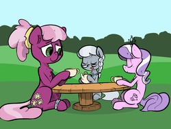 Size: 1200x900 | Tagged: safe, artist:whydomenhavenipples, cheerilee, diamond tiara, silver spoon, g4, filly, table, tea, tea party