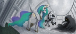 Size: 1024x473 | Tagged: safe, artist:grissaecrim, pony of shadows, princess celestia, oc, g4, angry, darkness, fight, royal guard, spear, walking, weapon