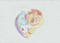 Size: 2338x1700 | Tagged: safe, artist:bannana-republic, applejack, rainbow dash, g4, blushing, cute, eyes closed, female, lesbian, ship:appledash, shipping, smiling, traditional art