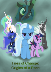 Size: 2000x2820 | Tagged: safe, artist:midnightsonare, princess celestia, princess luna, queen chrysalis, trixie, twilight sparkle, g4, fanfic art, high res