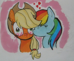 Size: 2704x2216 | Tagged: safe, artist:muketti, applejack, rainbow dash, g4, blushing, cute, eyes closed, female, high res, lesbian, ship:appledash, shipping, traditional art