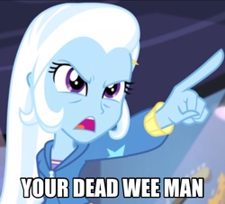 Size: 1494x1350 | Tagged: safe, trixie, equestria girls, g4, guitar centered, my little pony equestria girls: rainbow rocks, caption, female, image macro, meme, pointing, pointing trixie, solo, trixie yells at everything