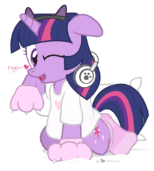 Size: 720x800 | Tagged: safe, artist:dm29, twilight sparkle, alicorn, pony, g4, anatomically incorrect, cat ears, catgirl, clothes, cute, fangs, female, floppy ears, headphones, incorrect leg anatomy, julian yeo is trying to murder us, kneeling, looking at you, mare, nya, one eye closed, open mouth, paws, pillow, simple background, smiling, socks, solo, striped socks, transparent background, twiabetes, twilight cat, twilight sparkle (alicorn), weapons-grade cute, wink