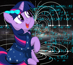 Size: 806x720 | Tagged: safe, artist:eagle1division, twilight sparkle, pony, unicorn, g4, adorkable, alcubierre drive, bow, chest fluff, clothes, cute, dork, eyes on the prize, fancy mathematics, female, general relativity, hair bow, happy, mare, math, open mouth, physics, raised hoof, ribbon, robe, science, sitting, smiling, solo, space, spaceship, star trek, star trek: the next generation, that pony sure does love science, twiabetes, uss enterprise, warp, warp theory