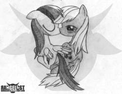 Size: 990x765 | Tagged: safe, artist:rangelost, applejack, rainbow dash, earth pony, pegasus, pony, g4, blushing, butt touch, cute, duo, eyes closed, feathermarking, female, kiss on the lips, kissing, lesbian, mare, never doubt tchernobog's involvement, pencil drawing, ship:appledash, shipping, traditional art