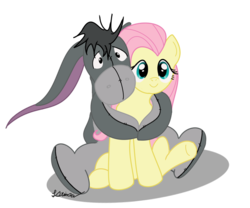 Size: 888x739 | Tagged: safe, artist:sylvesterkittycat, fluttershy, donkey, pegasus, pony, g4, crossover, duo, eeyore, female, hug, male, mare, simple background, transparent background, winnie the pooh