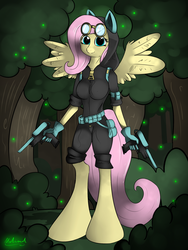 Size: 1500x2000 | Tagged: safe, artist:malamol, fluttershy, anthro, g4, clothes, dangerous mission outfit, dual wield, female, gun, handgun, no trigger discipline, pistol, solo, tranquilizer, weapon