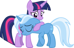 Size: 1977x1276 | Tagged: safe, artist:zacatron94, trixie, twilight sparkle, alicorn, pony, unicorn, g4, clone, female, lesbian, lula, mare, ship:twixie, shipping, simple background, transparent background, twilight sparkle (alicorn), vector