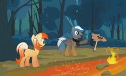 Size: 12000x7300 | Tagged: safe, artist:csillaghullo, oc, oc only, oc:cloud zapper, oc:milky chocoberry, earth pony, hydra, pegasus, pony, absurd resolution, blank flank, clothes, everfree forest, female, fire, forest, lava, male, mare, milkyzapper, multiple heads, scarf, sign, stallion, table, vector