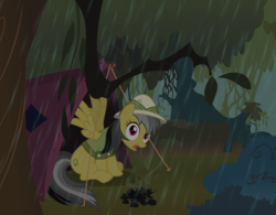 Size: 10000x7800 | Tagged: safe, artist:csillaghullo, daring do, pegasus, pony, g4, absurd resolution, camp, campfire, everfree, everfree forest, female, forest, hat, jungle, mare, rain, smoke, solo, storm, tent, vector