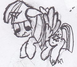 Size: 493x427 | Tagged: safe, artist:alexi148, twilight sparkle, alicorn, pony, g4, :s, female, flying, mare, messy, pen, solo, traditional art, twilight sparkle (alicorn), wat, wavy mouth