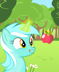 Size: 1600x1957 | Tagged: safe, artist:qcryzzy, lyra heartstrings, pony, unicorn, g4, apple, female, licking, licking lips, magic, solo, telekinesis, tongue out, tree