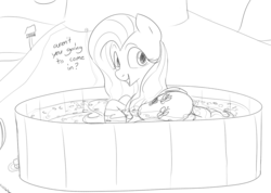 Size: 1212x862 | Tagged: safe, artist:dotkwa, fluttershy, g4, bath, female, grayscale, hot tub, monochrome, solo