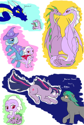 Size: 900x1334 | Tagged: safe, artist:poisondilu, spike, trixie, twilight sparkle, oc, oc:huffy, g4, baby spike, blarney stone, canon x oc, dragoness, fanfic, huffy, it takes a village, older, older spike, the magician of the coal crater