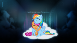 Size: 1920x1080 | Tagged: safe, artist:forgotten5p1rit, rainbow dash, scootaloo, g4, cloud, dark, hug, scootalove, vector, wallpaper, winghug