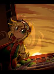 Size: 1280x1743 | Tagged: safe, artist:facerenon, applejack, pony, g4, bipedal, clothes, female, goggles, shirt, solo